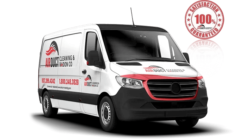 a white and red van with the words AirDuct Cleaning & Radon Co