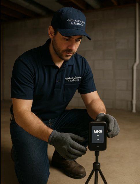 A technician from Airduct Cleaning & Radon Co. wearing gloves and uniform sets up a professional radon detection device on a tripod in an unfinished Columbus basement during a residential inspection.