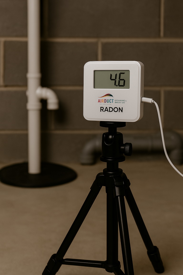 A digital radon testing device on a tripod displaying a reading of 4.6 in a Columbus, Ohio basement with visible utility piping and an Airduct Cleaning & Radon Co. logo.