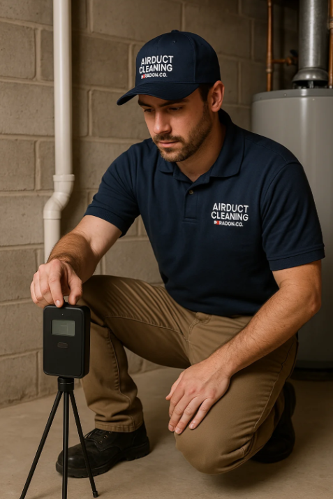 A licensed radon technician from Airduct Cleaning & Radon Co. kneeling beside a digital radon monitor set up in a Columbus basement, preparing to begin air quality testing near a sump pump and water heater.