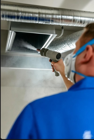 Air duct cleaning technician using specialized fogger to apply antimicrobial treatment.